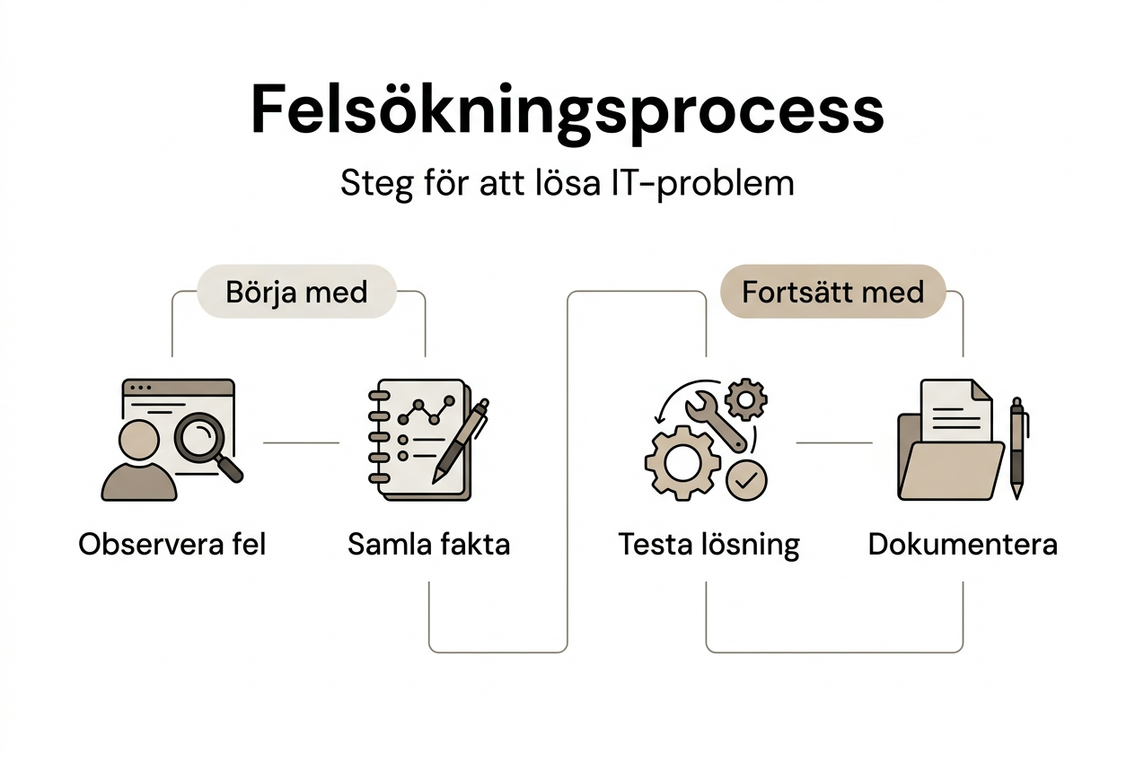 Här ser du en överskådlig infografik som sammanfattar de viktigaste stegen i felsökningsarbetet.