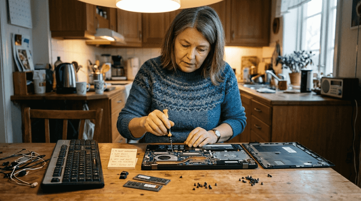 En person sitter vid köksbordet och försöker få ordning på sin laptop.