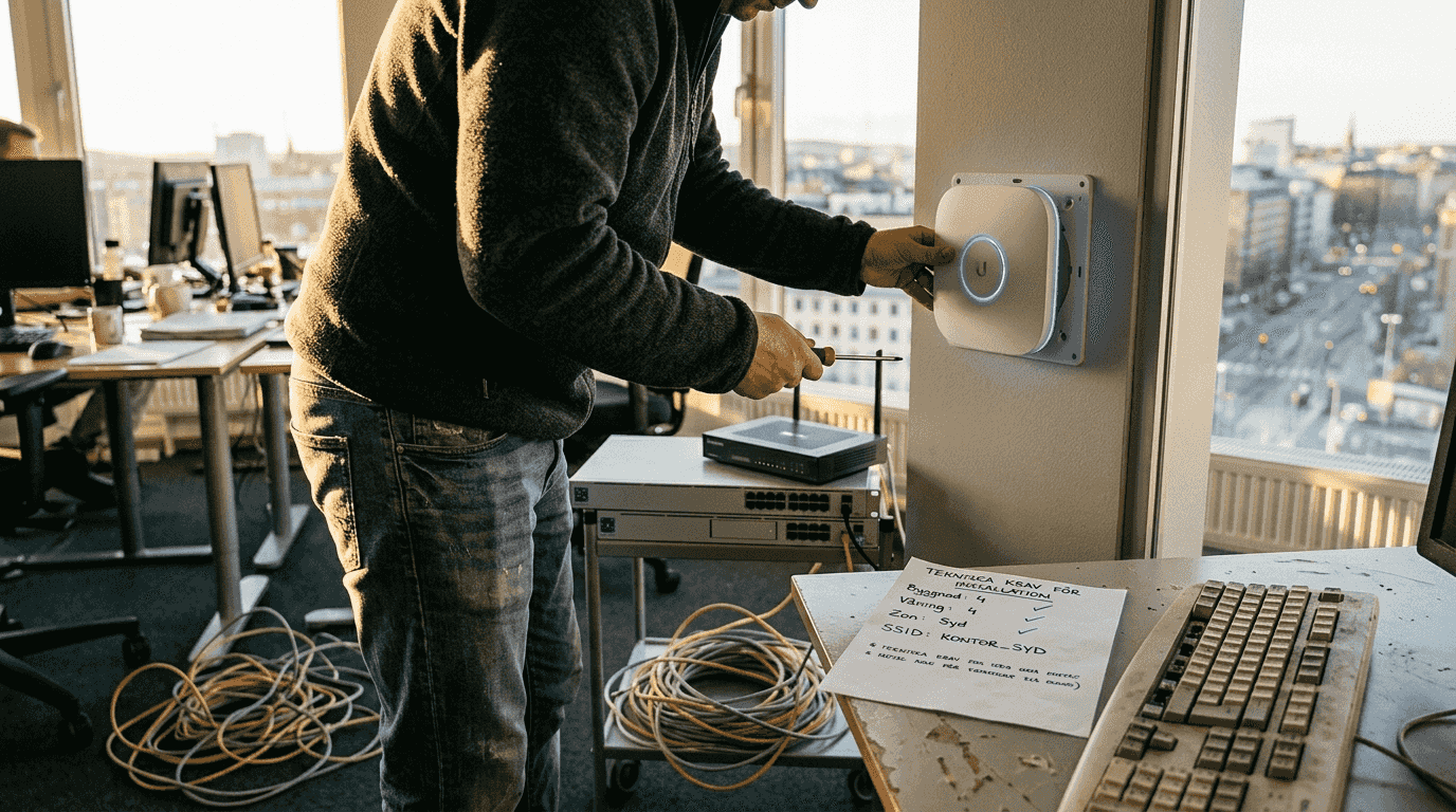 Uppgradera trådlöst nätverk på kontoret 2026 – steg för steg 2 En IT-tekniker är på plats och installerar nätverksutrustning på kontoret.