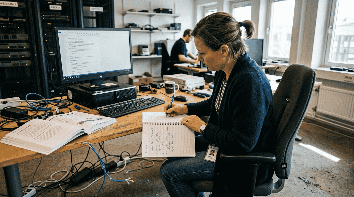 En kvinna går igenom och dokumenterar tekniska problem i ett serverrum.