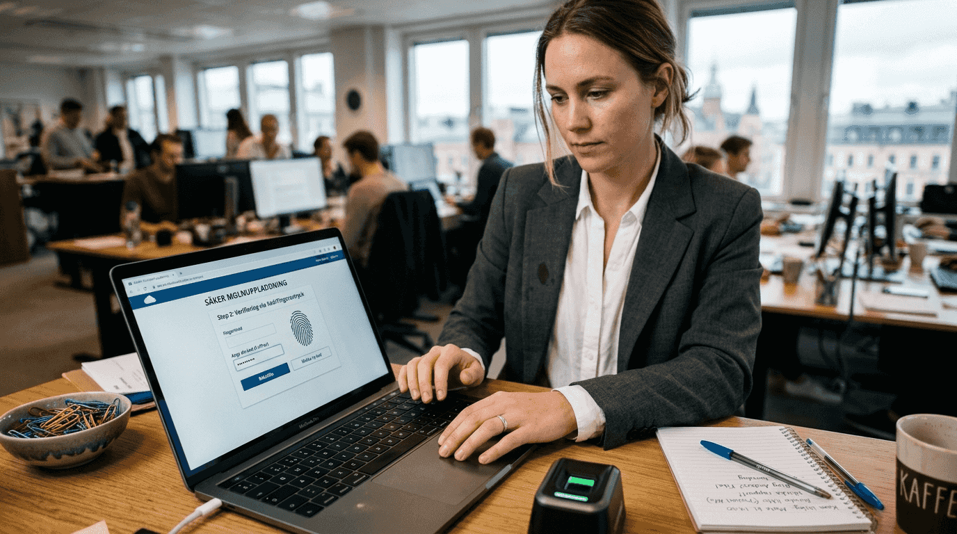 Kvinna verifierar säker filöverföring