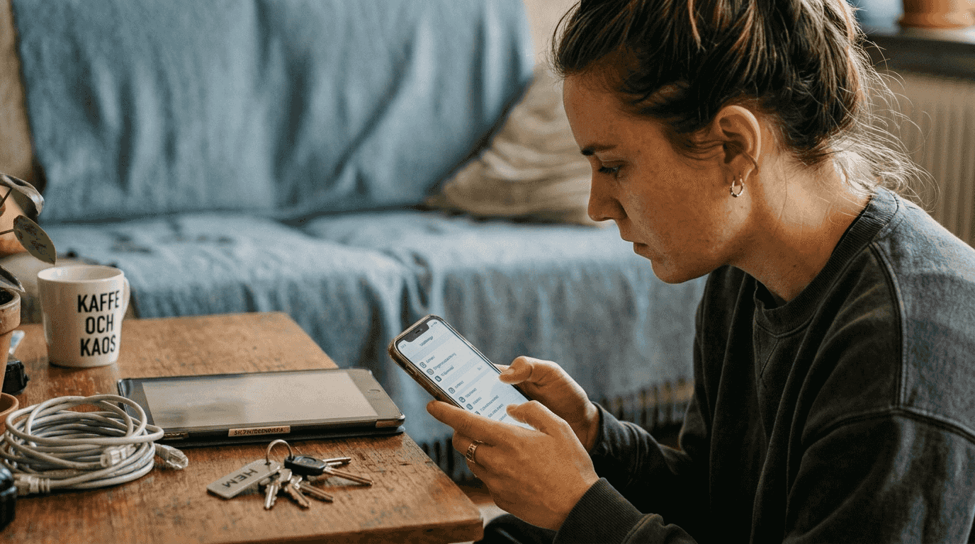 En kvinna sitter hemma i sin lägenhet och fixar wifi-inställningarna på sin iPhone.