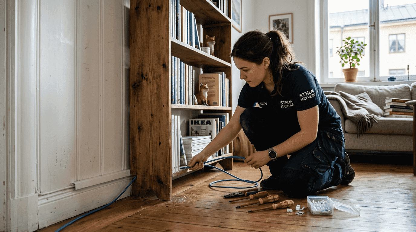 Installatör drar nätverkskabel i vardagsrummet