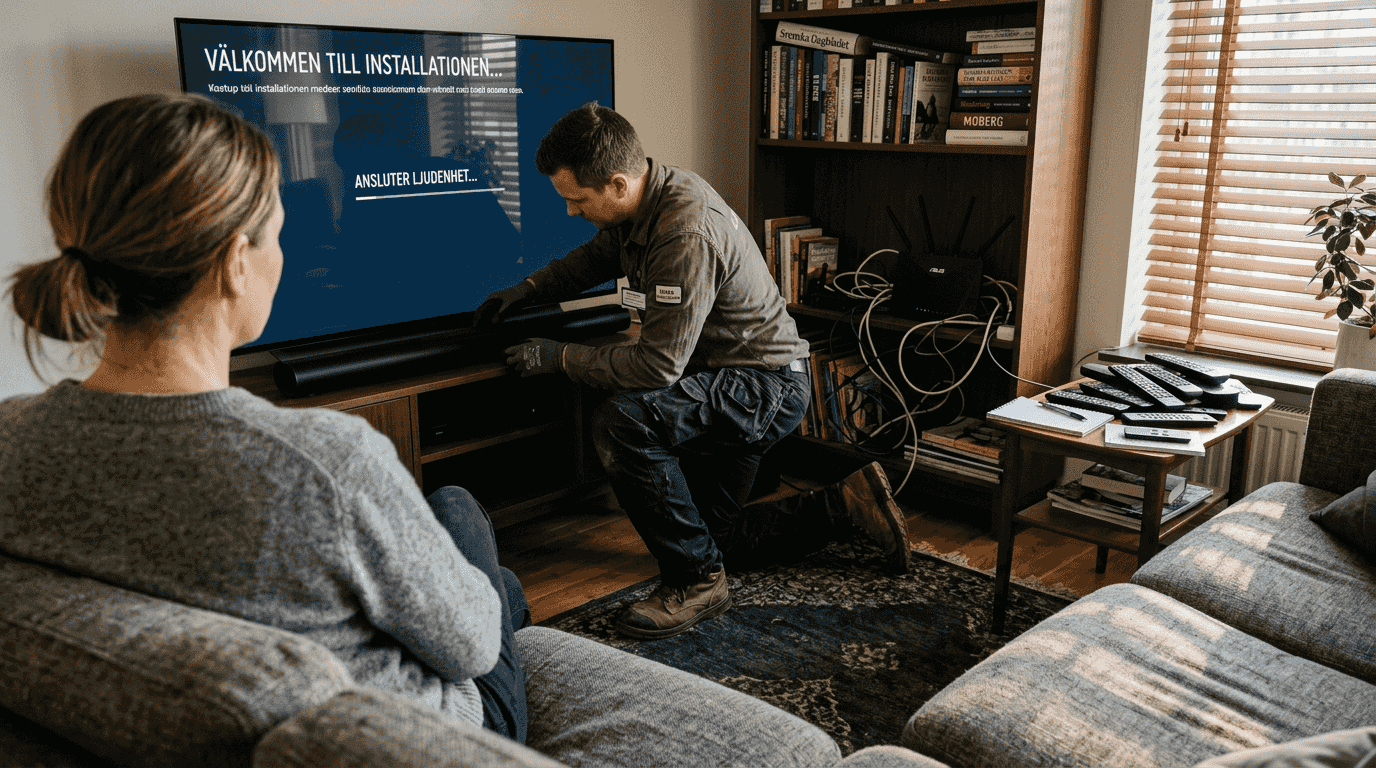 En fackman installerar ljudsystem och TV hemma hos dig