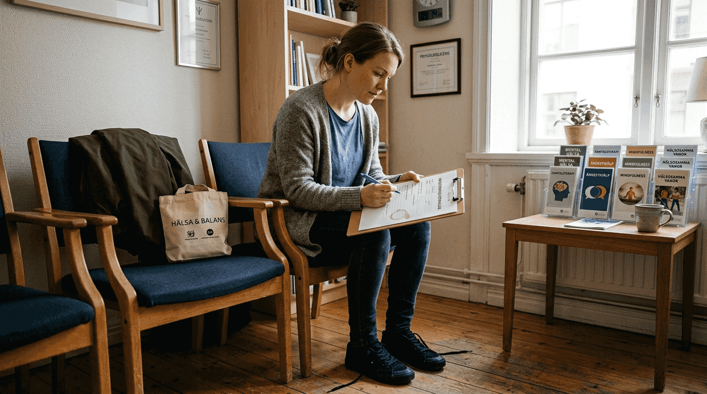 Kunden fyller i hälsodeklarationen innan massagen börjar.