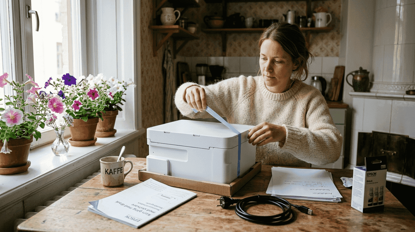 Någon öppnar kartongen med sin nya skrivare vid köksbordet.