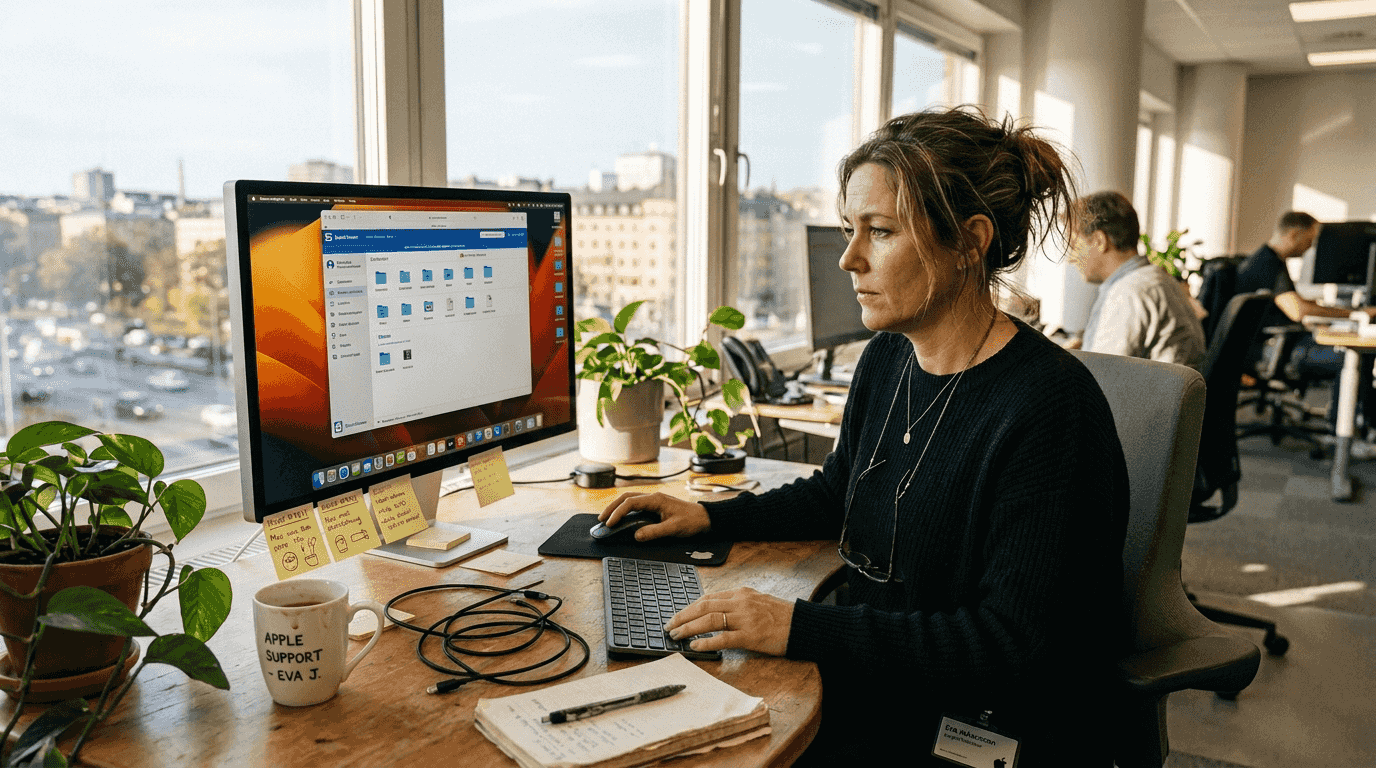En Apple-supporttekniker som hjälper användare genom fjärrsupport och felsökning på distans.