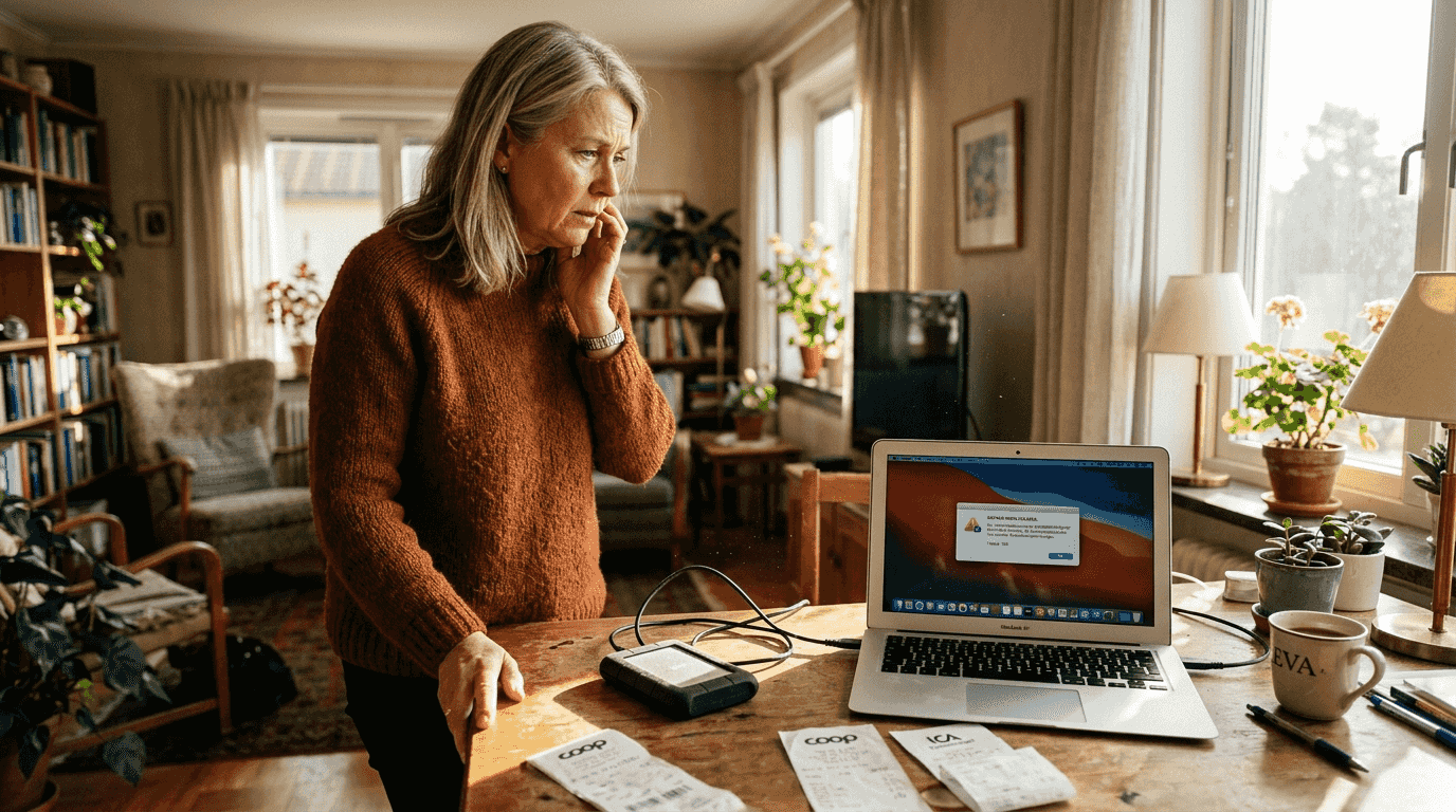 Säkerhetskopiera dator: Guide för privatpersoner 2026 2 En kvinna upptäcker ett fel i backupen när hon sitter vid sitt skrivbord.