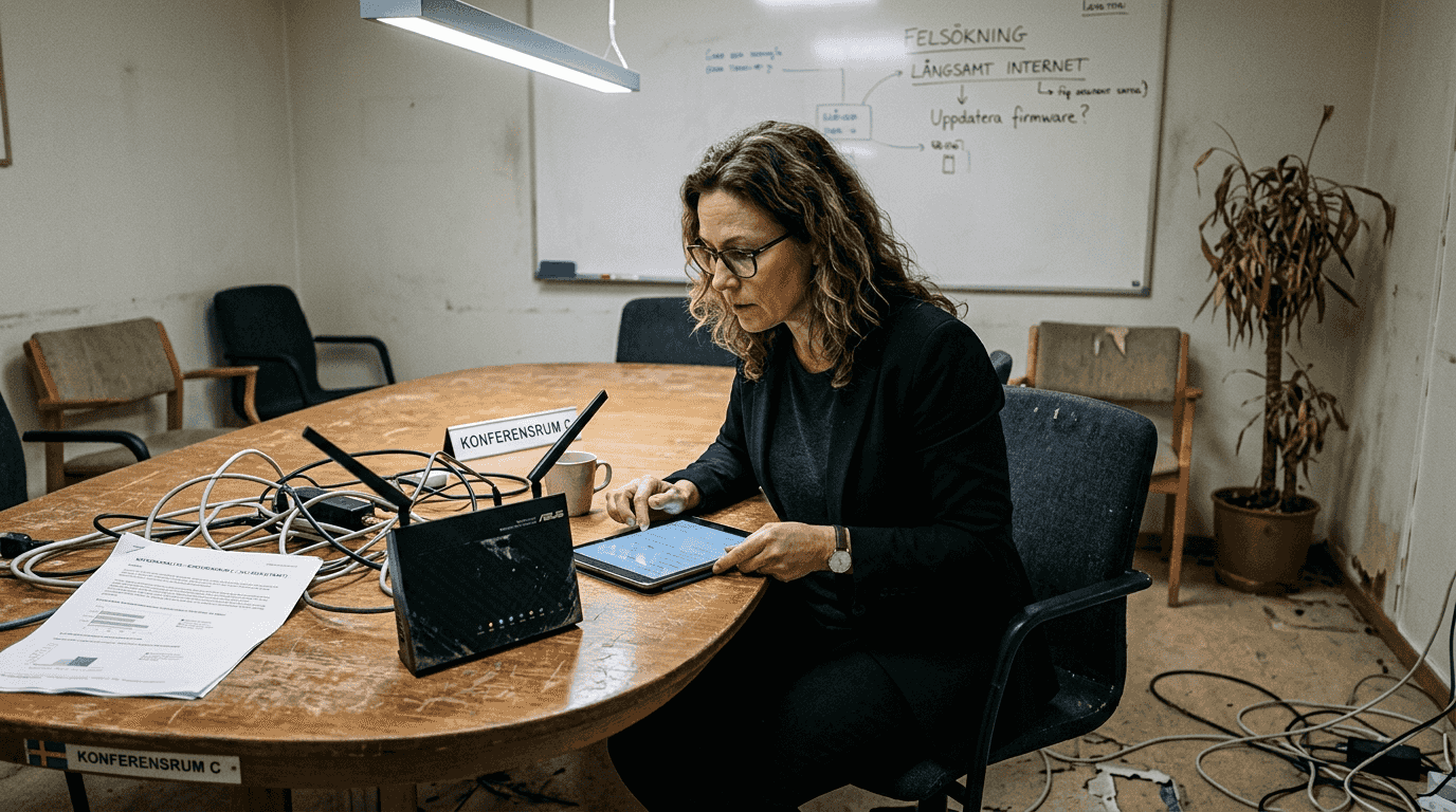 Affärskvinna försöker lösa problem med wifi-routern under ett möte