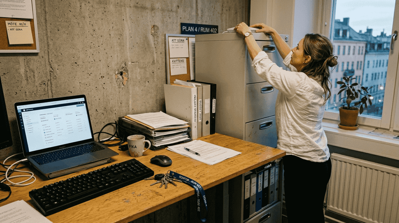En kvinna fixar med wifi-routern på kontoret