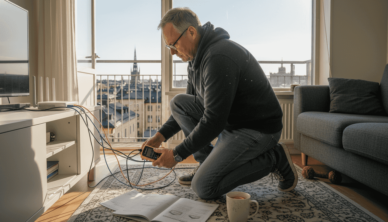 En tekniker felsöker wifi-problem i en lägenhet i Stockholm.