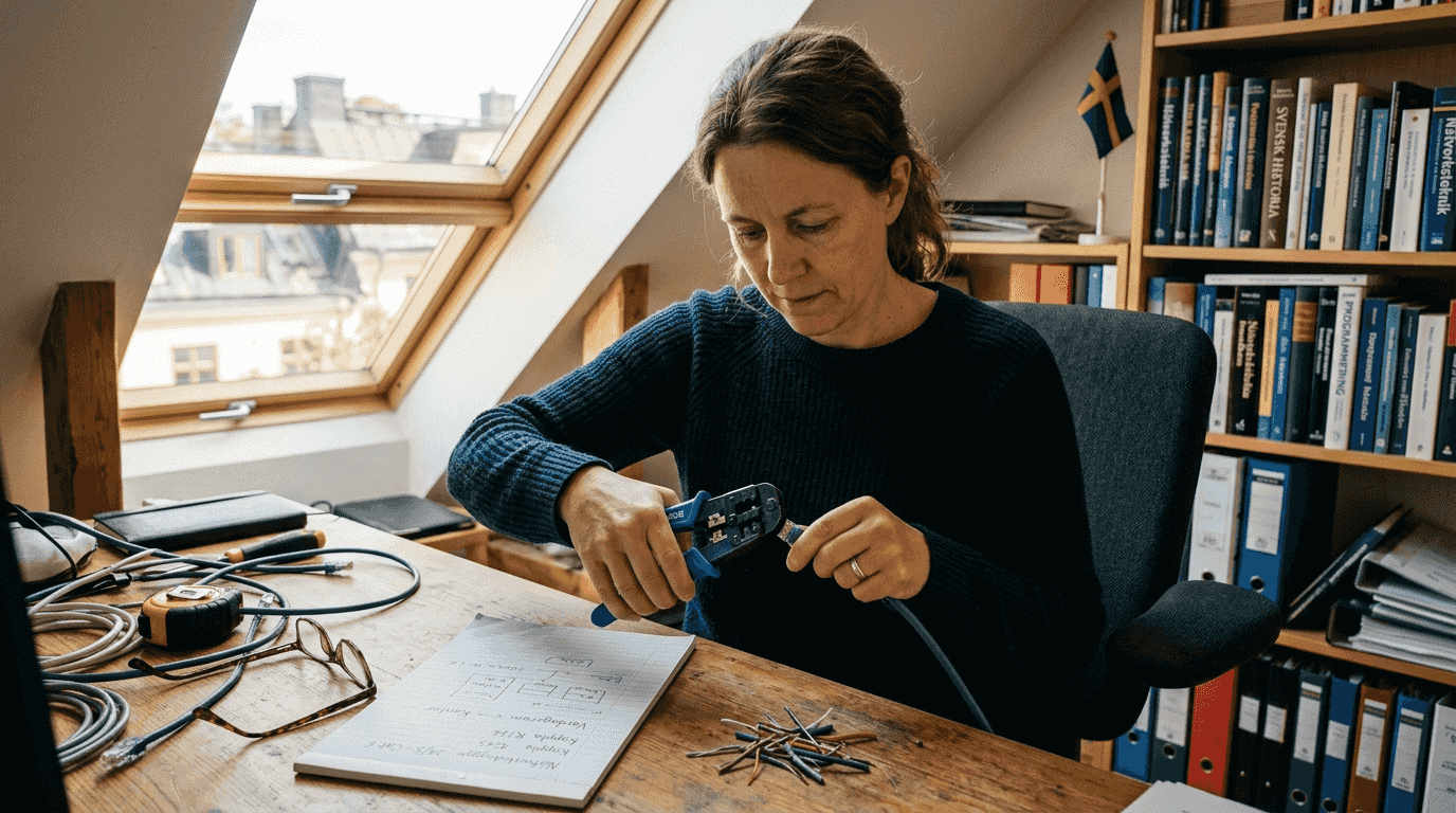 Drar och avslutar nätverkskabel i ett ljust och trevligt hemmakontor.