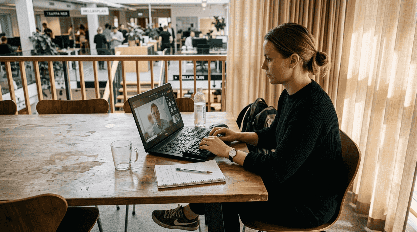 Två kollegor jobbar tillsammans med hjälp av digitala verktyg.