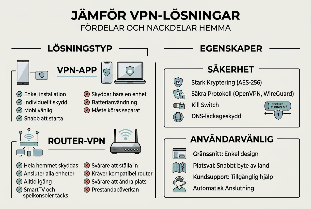 Vad är VPN för hemmaanvändare? Guide för säker surfning 2026 3 Jämförelse av VPN-tjänster för dig som använder internet hemma – en överskådlig infografik