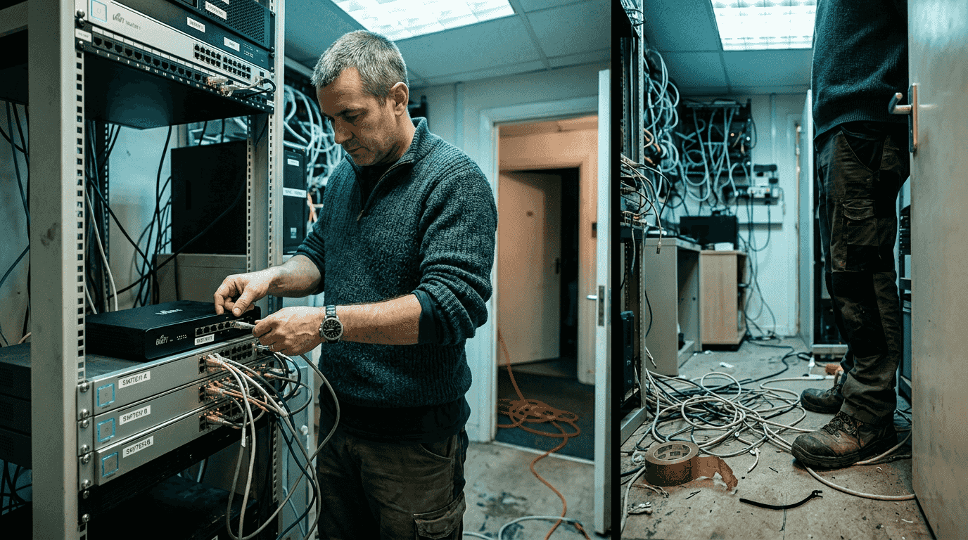Vad innebär nätverksinstallation – komplett guide för 2026 3 En tekniker jobbar med att installera en router inne i serverrummet.