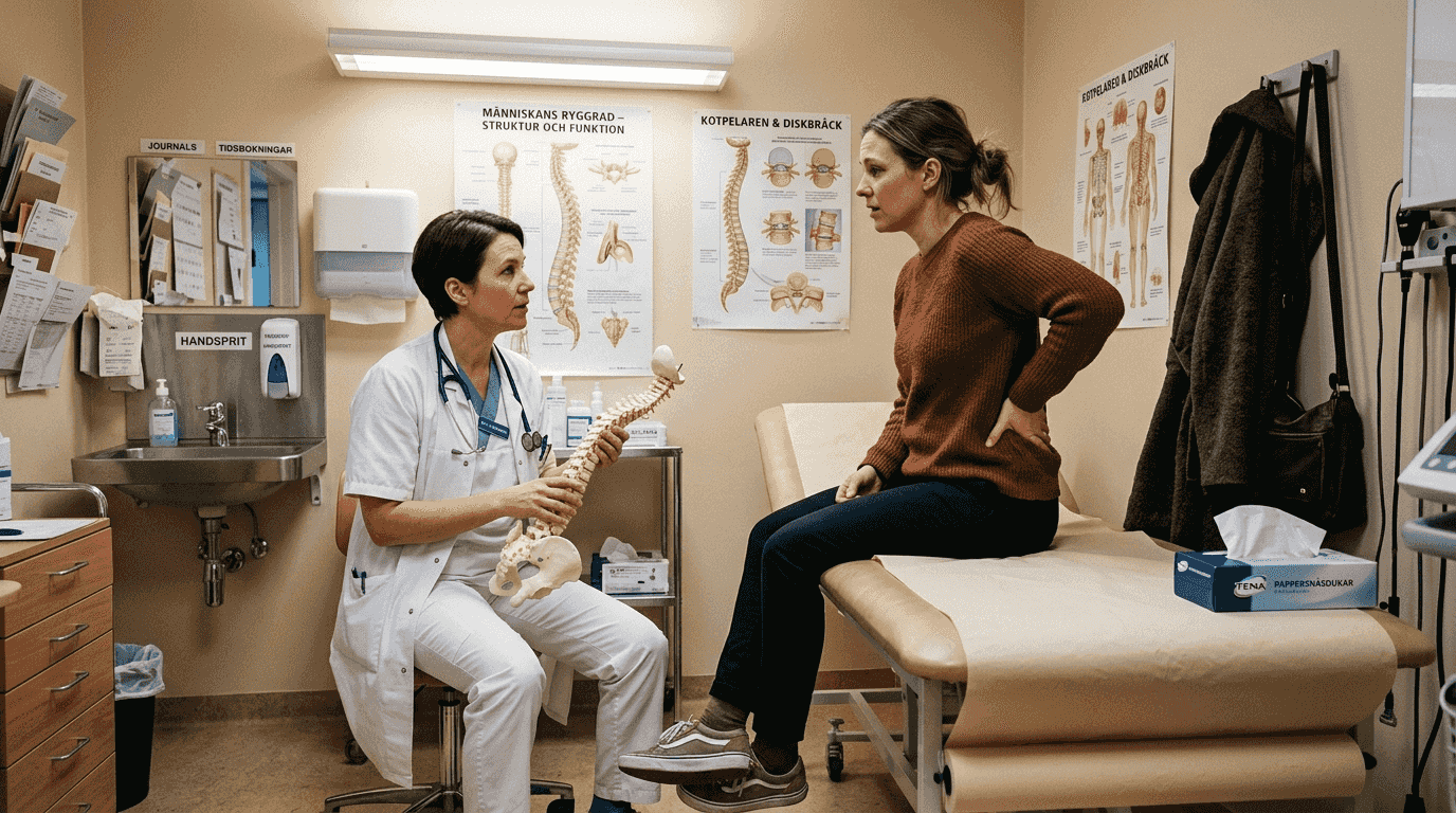 En patient berättar om sina ryggbesvär för läkaren.
