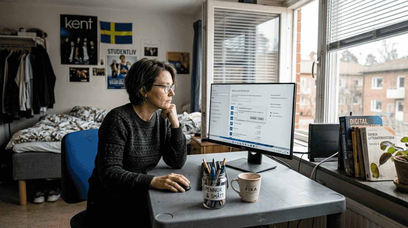 En kvinna sitter på kontoret och tar bort ett program från datorn.