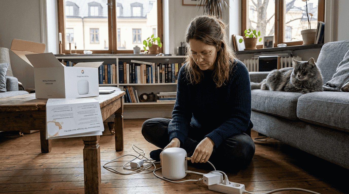 En kvinna fixar trådlöst internet hemma i sin lägenhet i Stockholm.