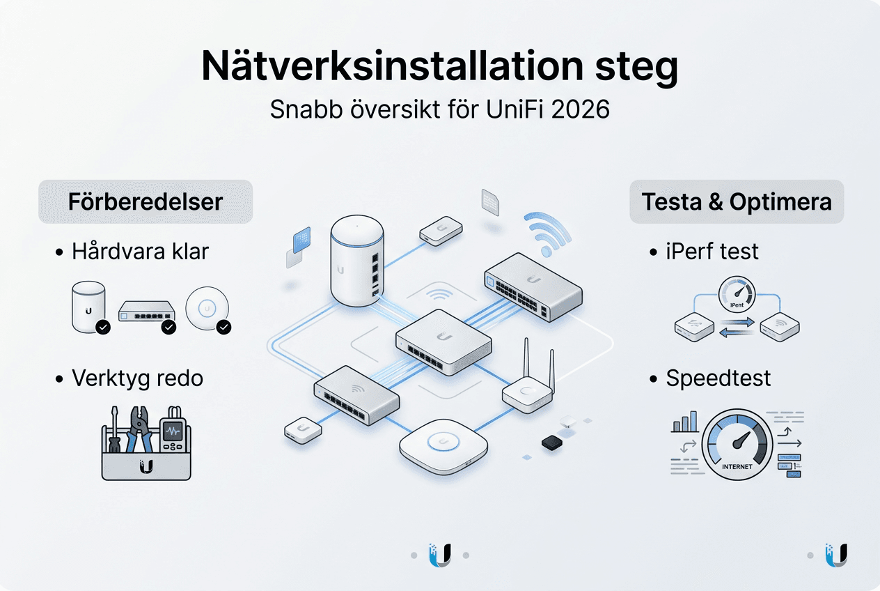 Översiktlig infografik: Så installerar du Unifi – steg för steg och viktiga saker att kontrollera