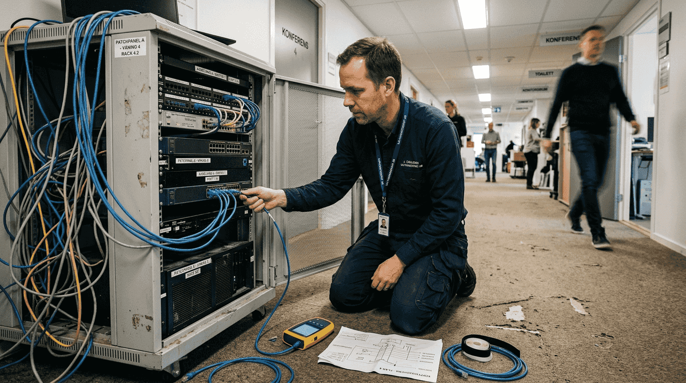 Installatör som kopplar in utrustning i företagets serverrack