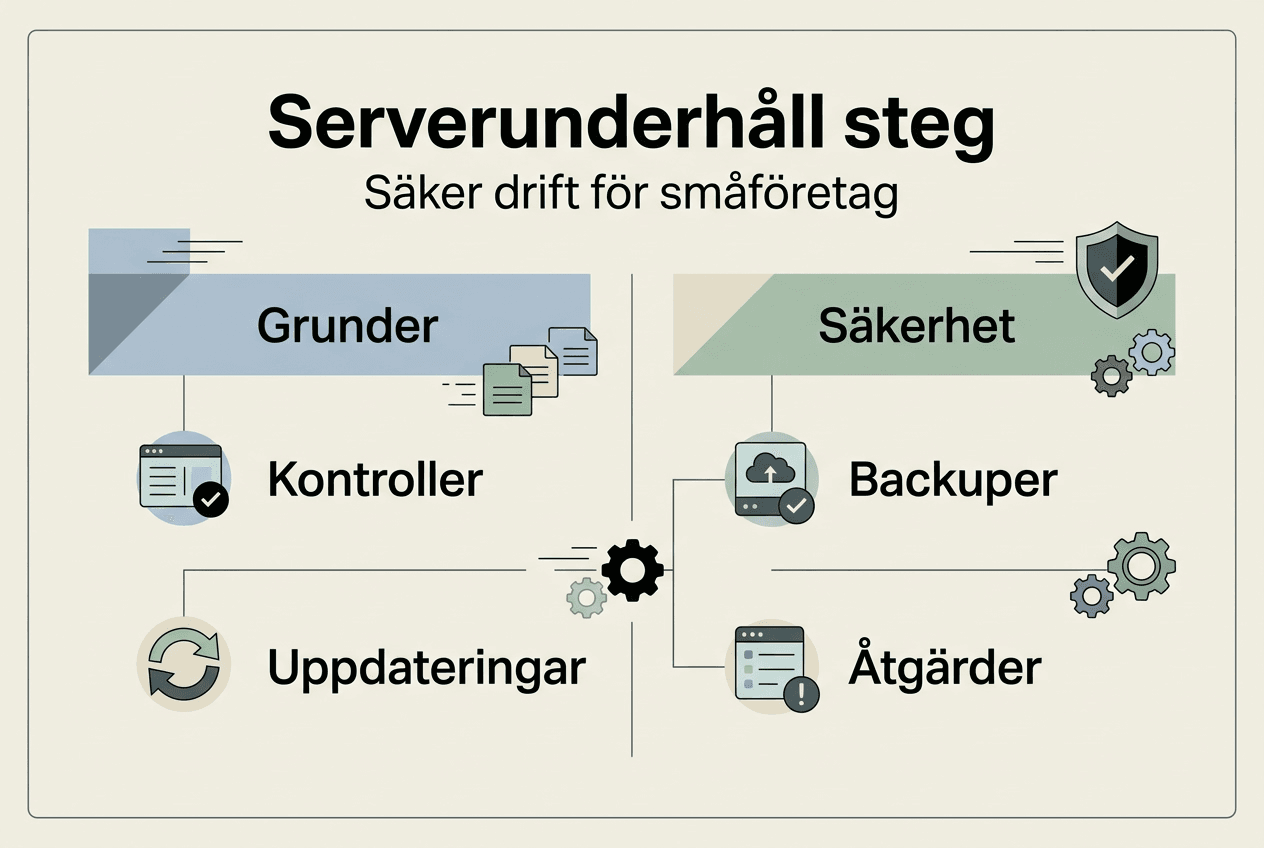 Vad innebär serverunderhåll? Guide för småföretag 2026 3 Visuell guide till serverunderhåll: viktiga steg och säkerhetsrutiner