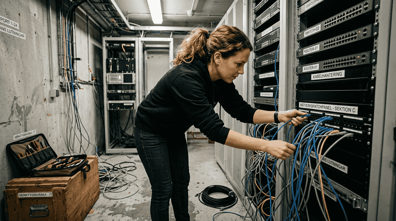 Vad innebär serverunderhåll? Guide för småföretag 2026 2 En kvinna arbetar med att koppla in nätverkskablar i ett serverrum.