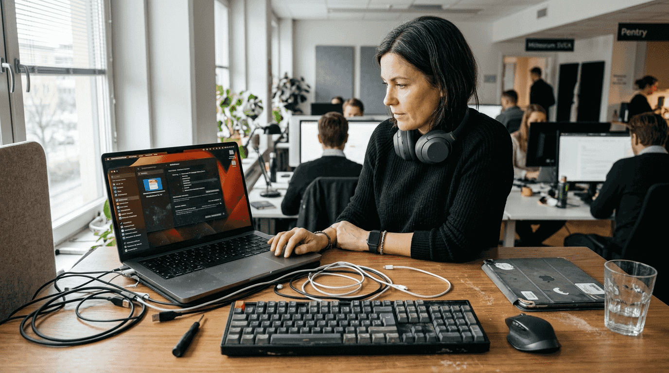 En kvinna sitter vid sitt skrivbord och hjälper kunder med Apples supporttjänster.