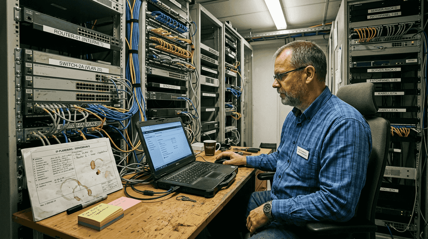 En IT-administratör går igenom och sammanställer nätverksdokumentation inne i serverrummet.