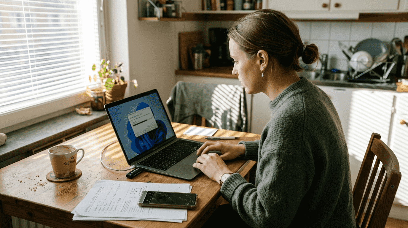 En kvinna sitter vid köksbordet och fixar ett USB-minne som hon ska använda för att återställa datorn.
