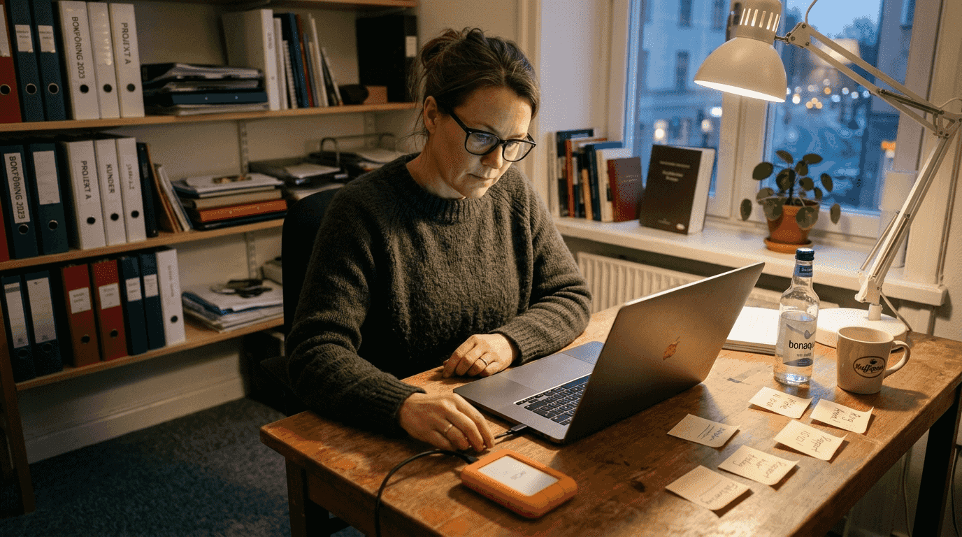 Kvinna gör en backup av sin MacBook på kontoret