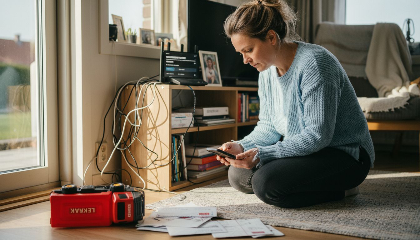 Kvinna som justerar sin wifi-router för att öka säkerheten i hemmet