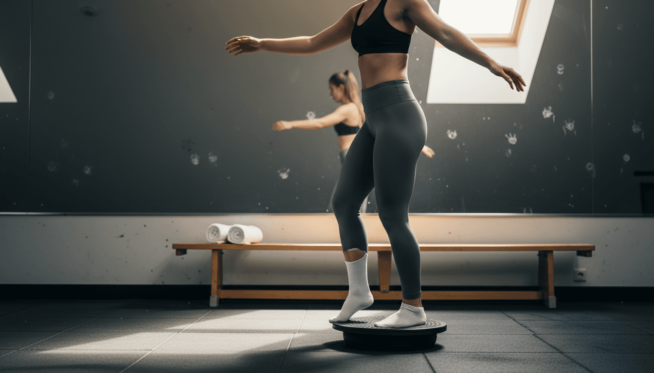 En kvinna övar sin balans på en balansbräda på gymmet.