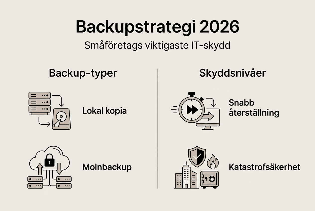 Grafiken ger en översikt över hur småföretag kan bygga upp sin backupstrategi och vilka olika skyddsnivåer som rekommenderas.