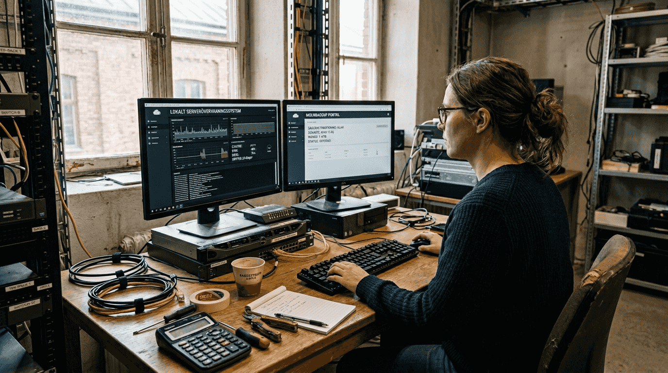 En tekniker går igenom hybridsystemet för backup i serverhallen