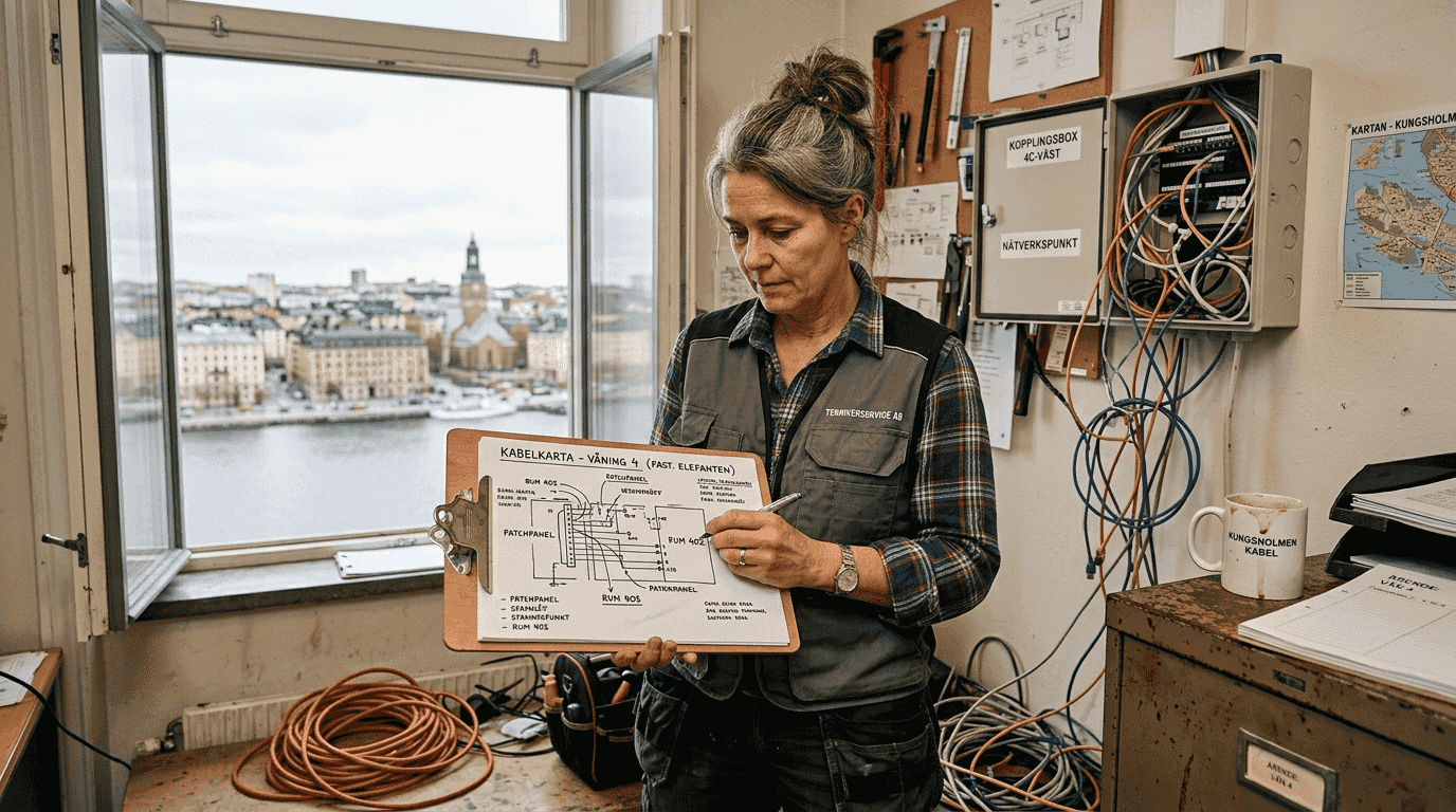 En nätverkstekniker går igenom kabelritningen på kontoret i Stockholm.