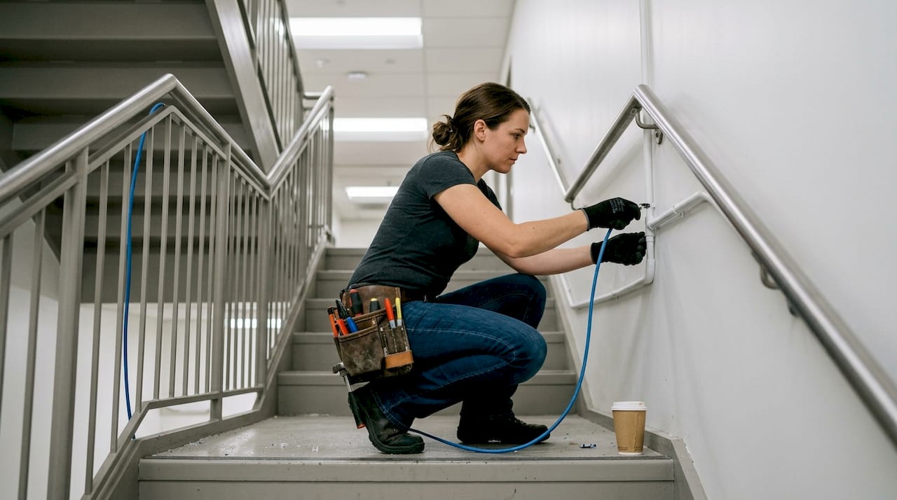 En tekniker drar Cat6a-kabel längs väggen för att bygga ett stabilt nätverk.