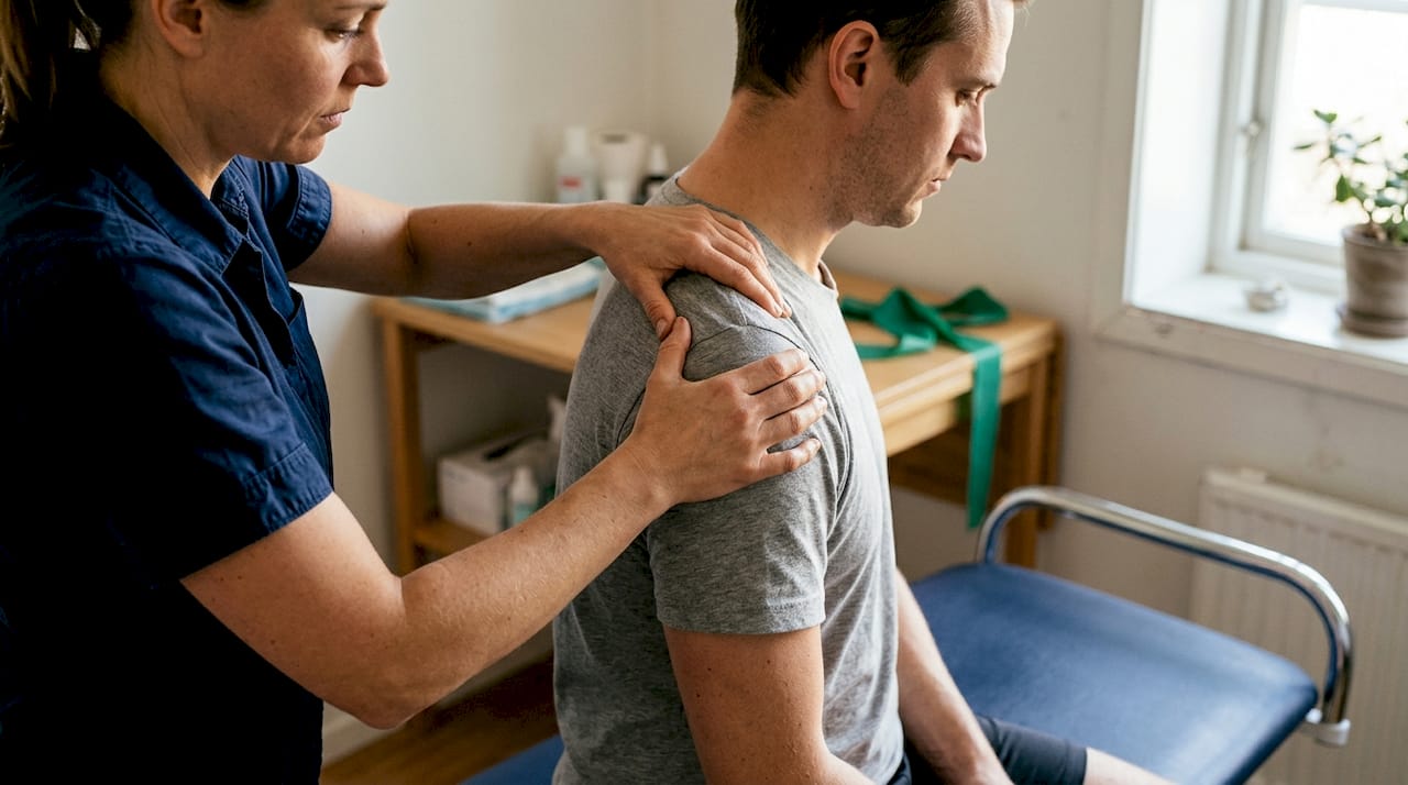 Detaljbild på naprapatens händer under behandling av en axel