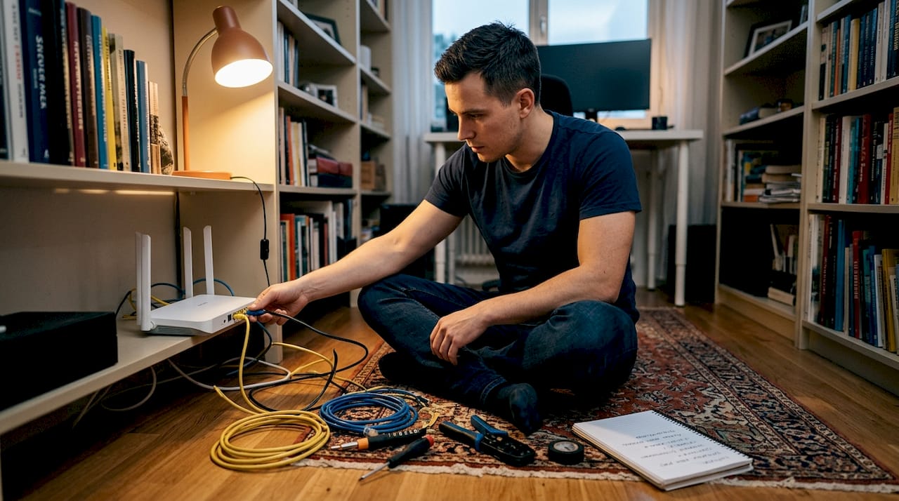 En tekniker kopplar in kablar till wifi-routern.