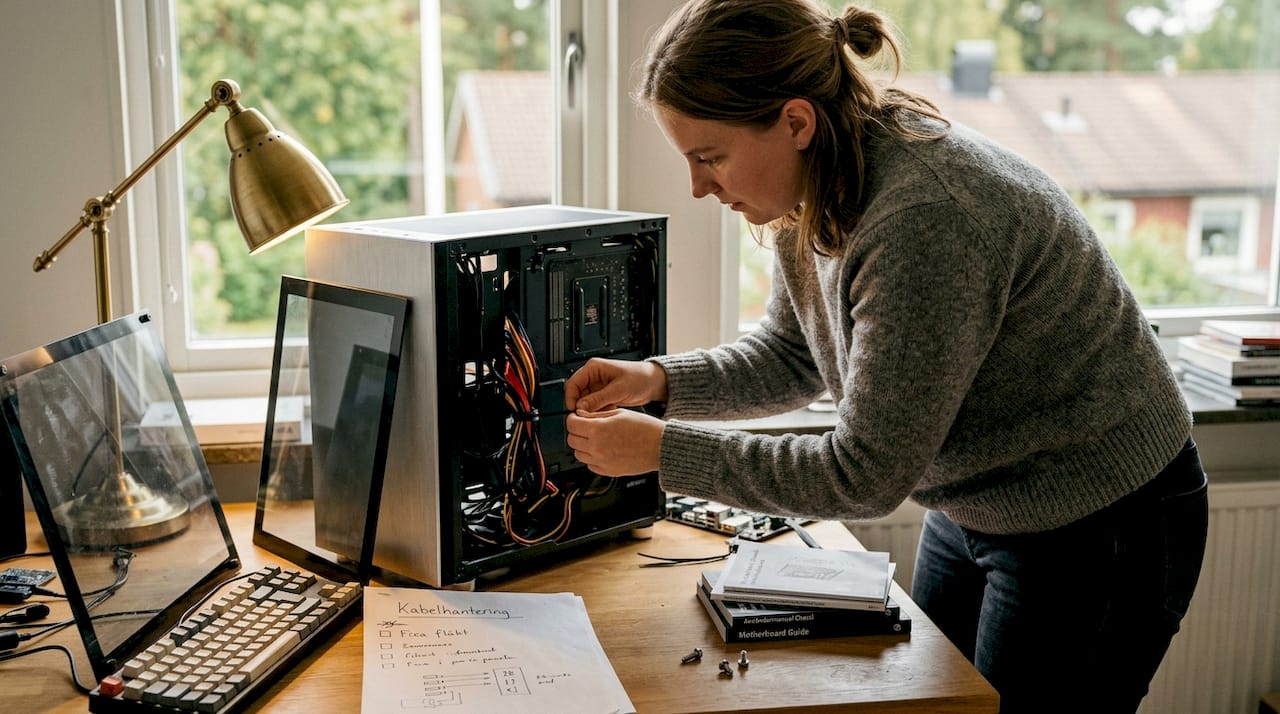 En kvinna fixar kabeldragningen inne i sin stationära dator.