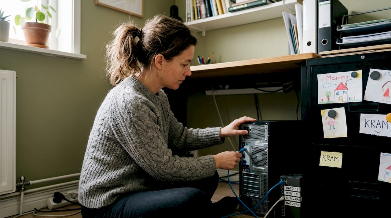 Guide till nätverksinstallation i Stockholm 2026 3 Kvinna installerar nätverkskabel på sitt hemmakontor