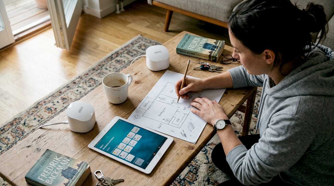 Kvinna ritar ut placeringen av mesh-noder på en planritning