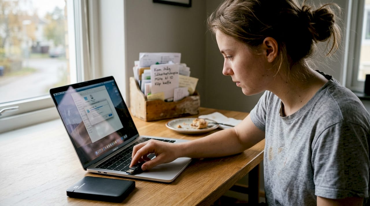 En kvinna för över filer med hjälp av ett USB-minne.