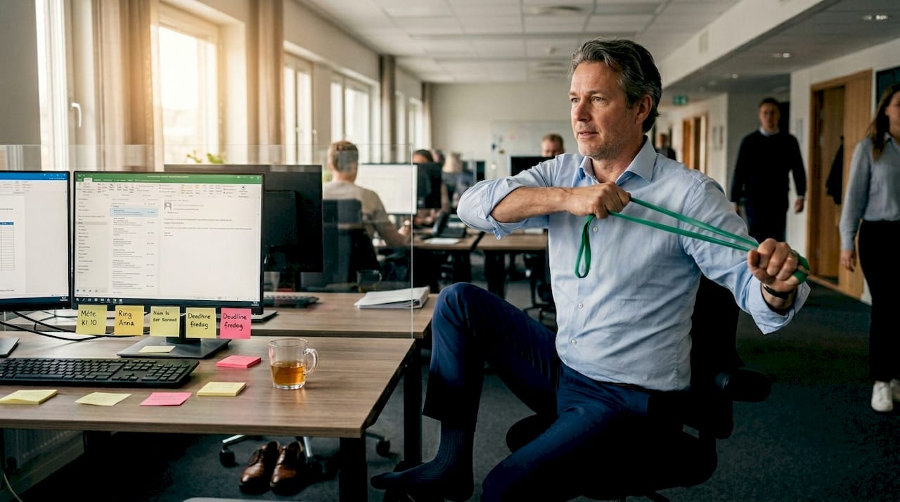 En kontorsanställd som tränar med ett gummiband under arbetsdagen.