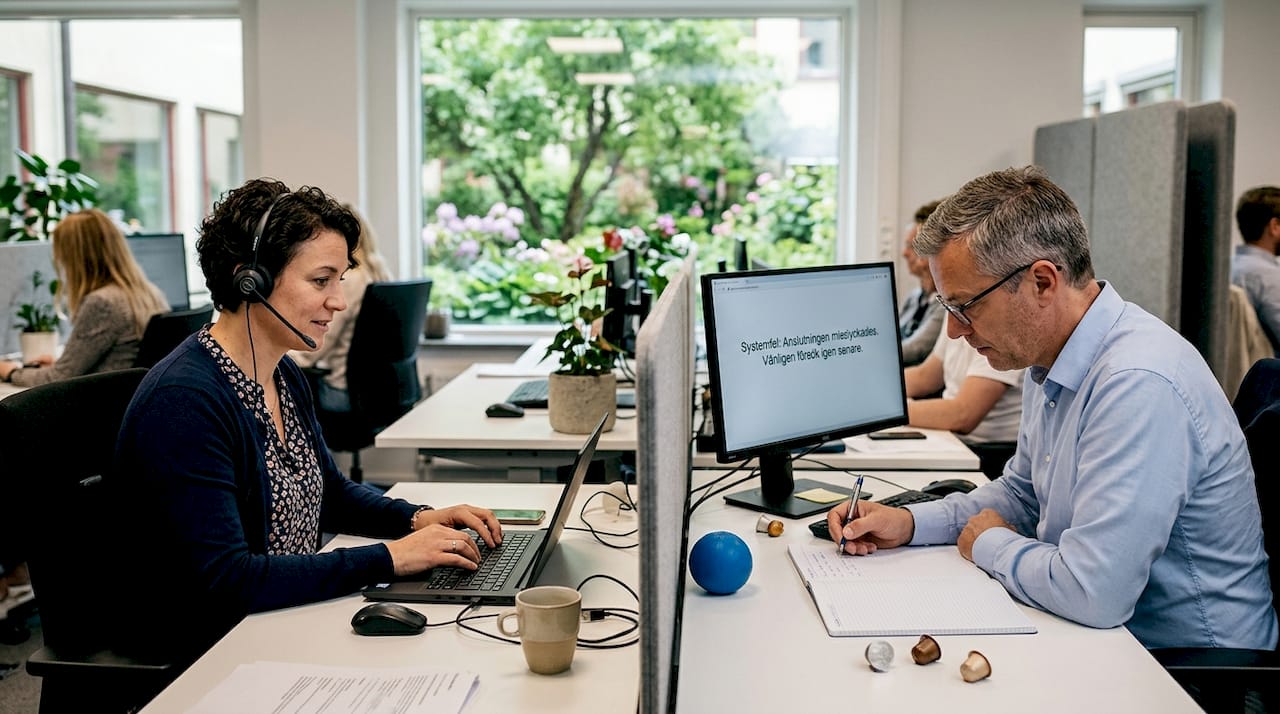 På kontoret hjälper kollegorna varandra med IT-support på distans.