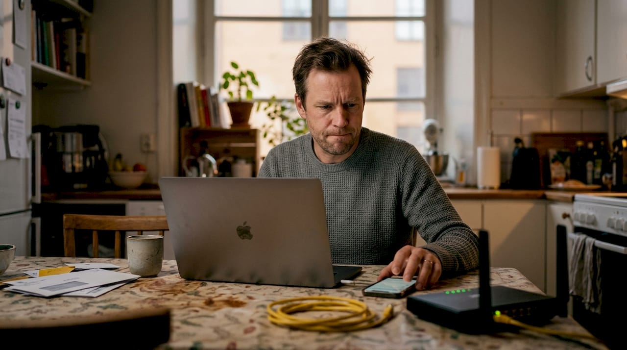 Vad innebär datasupport? Guide för Stockholm 2026 - Datorhjälp Stockholm | Min Datorsupport AB 2 Man försöker lösa problem med wifi hemma