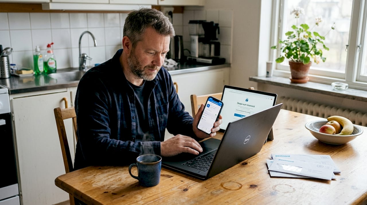 7 tips för att säkra ditt WiFi och skydda dina uppgifter 2 En man sitter vid köksbordet och klurar ut ett riktigt säkert lösenord.