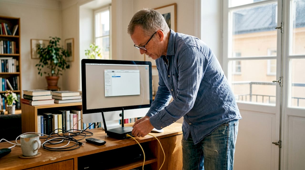 En man justerar sin wifi-router bredvid sin iMac.