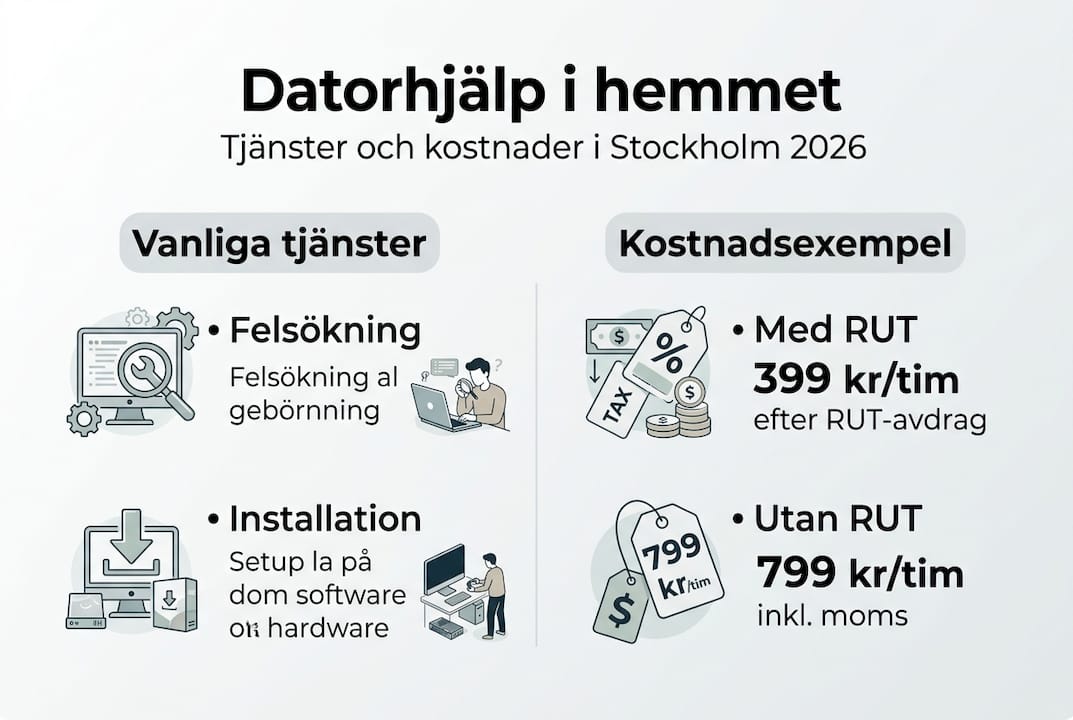 Så fungerar datorhjälp i hemmet: guide för Stockholm 2026 3 Grafik: Så funkar datorservice – tjänster och priser i översikt