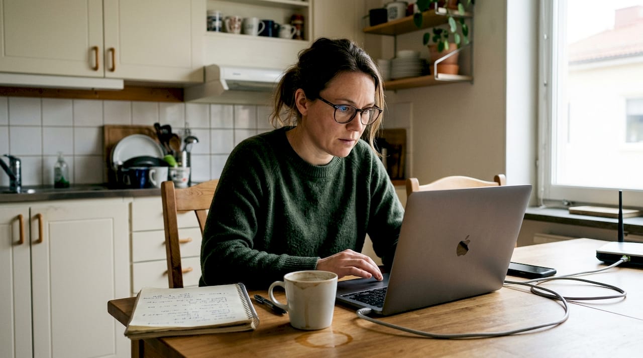 En kvinna kontrollerar sin internetuppkoppling på laptopen.