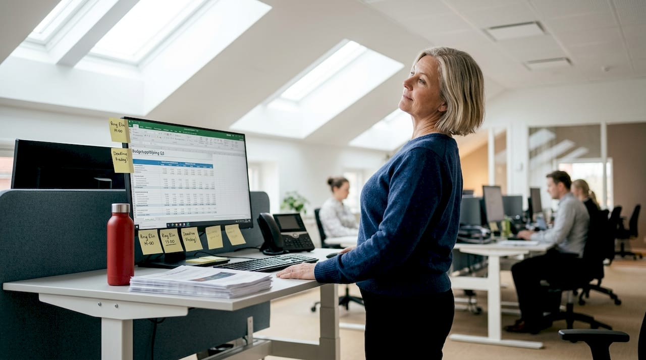 En kvinna tar en kort paus och sträcker på sig vid sitt skrivbord.